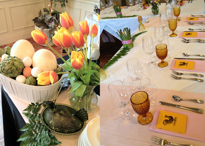 amber glass, asparagus, and tulips