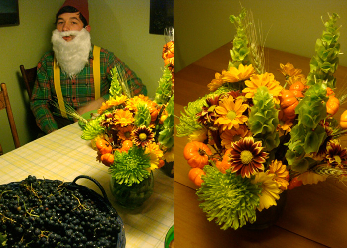 garden gnome and fall flowers
